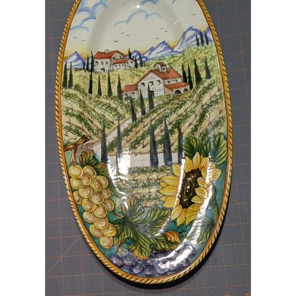 Hand-Painted Italian Ceramic Wall Plate Vineyard Scene Sunflowers - Picture 12 of 16